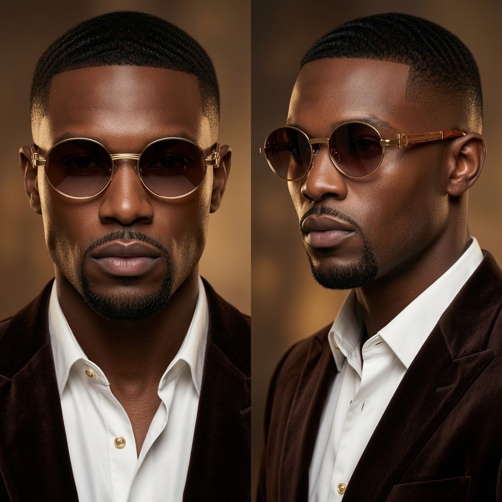 Round Sunglasses Gold Frame Brown Gradient‎ Lens Wood Arms Men's Shades Hip Hop